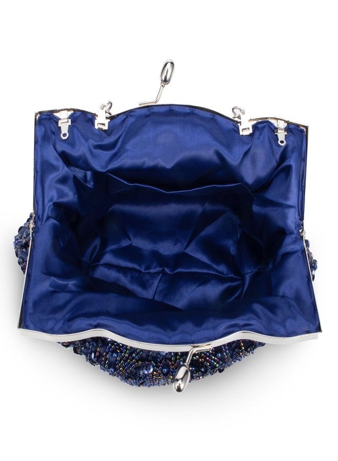 Simcat Beaded Sequin Flower Evening Purse Large Clutch Bag (Dark Blue) - Image 4